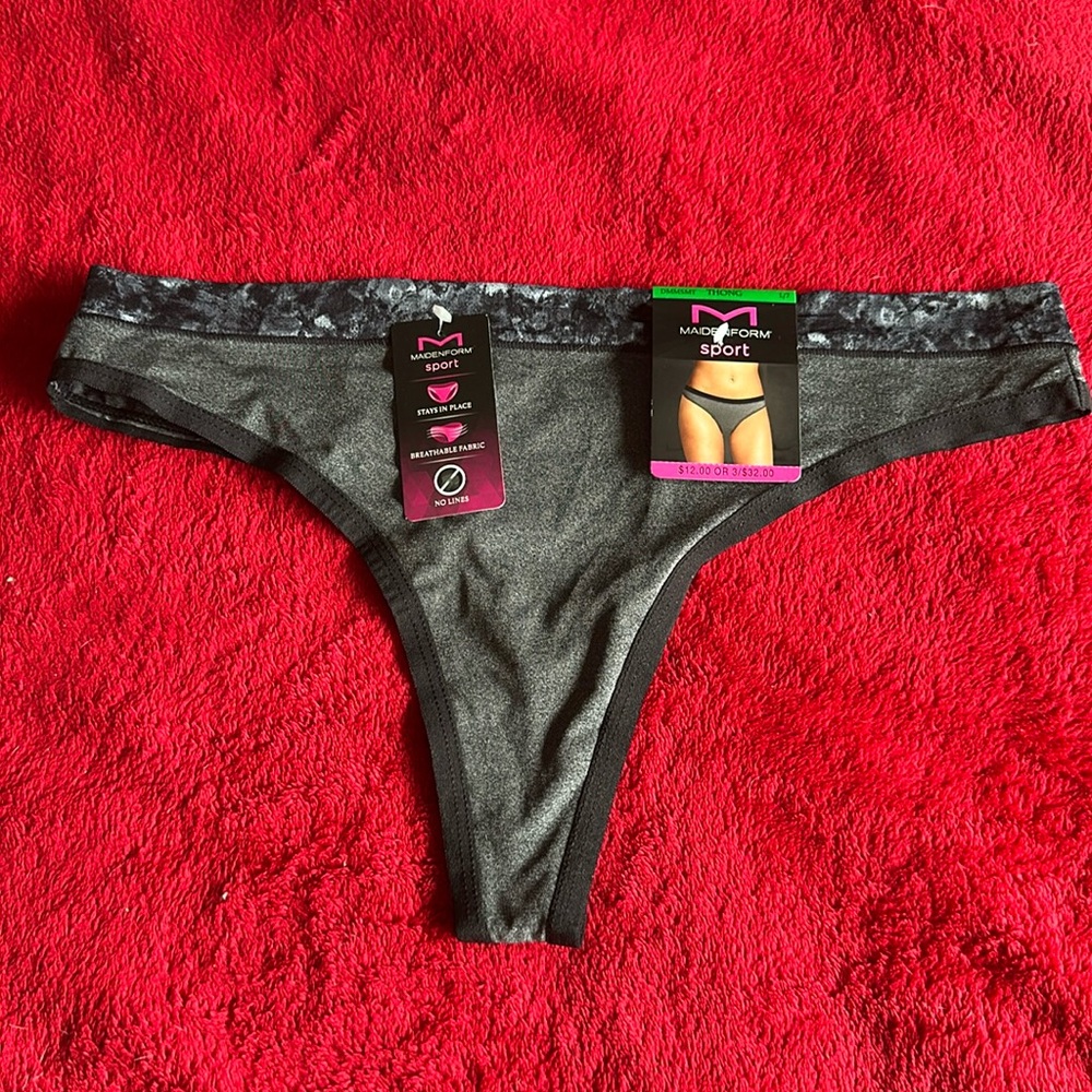 Maidenform Sport Grey/Black Large Thong NWT